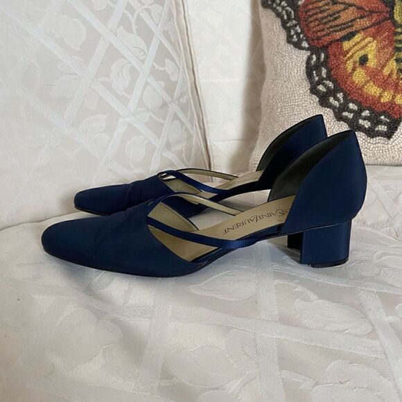 YSL Yves Saint Laurent 90s Blue Satin Block Heels - Picture 11 of 16